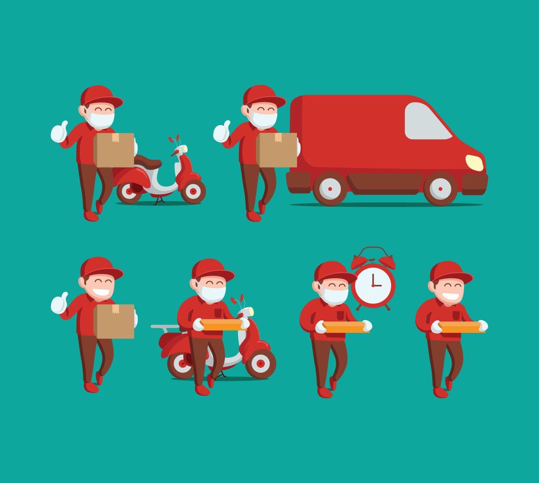 Set of Delivery Man in Red Wear Mask and Smiling vector