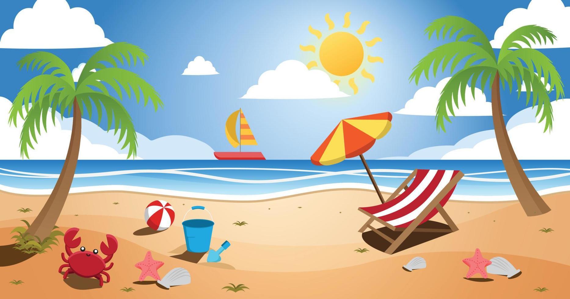 soleado playa verano paisaje con varios adornos vector