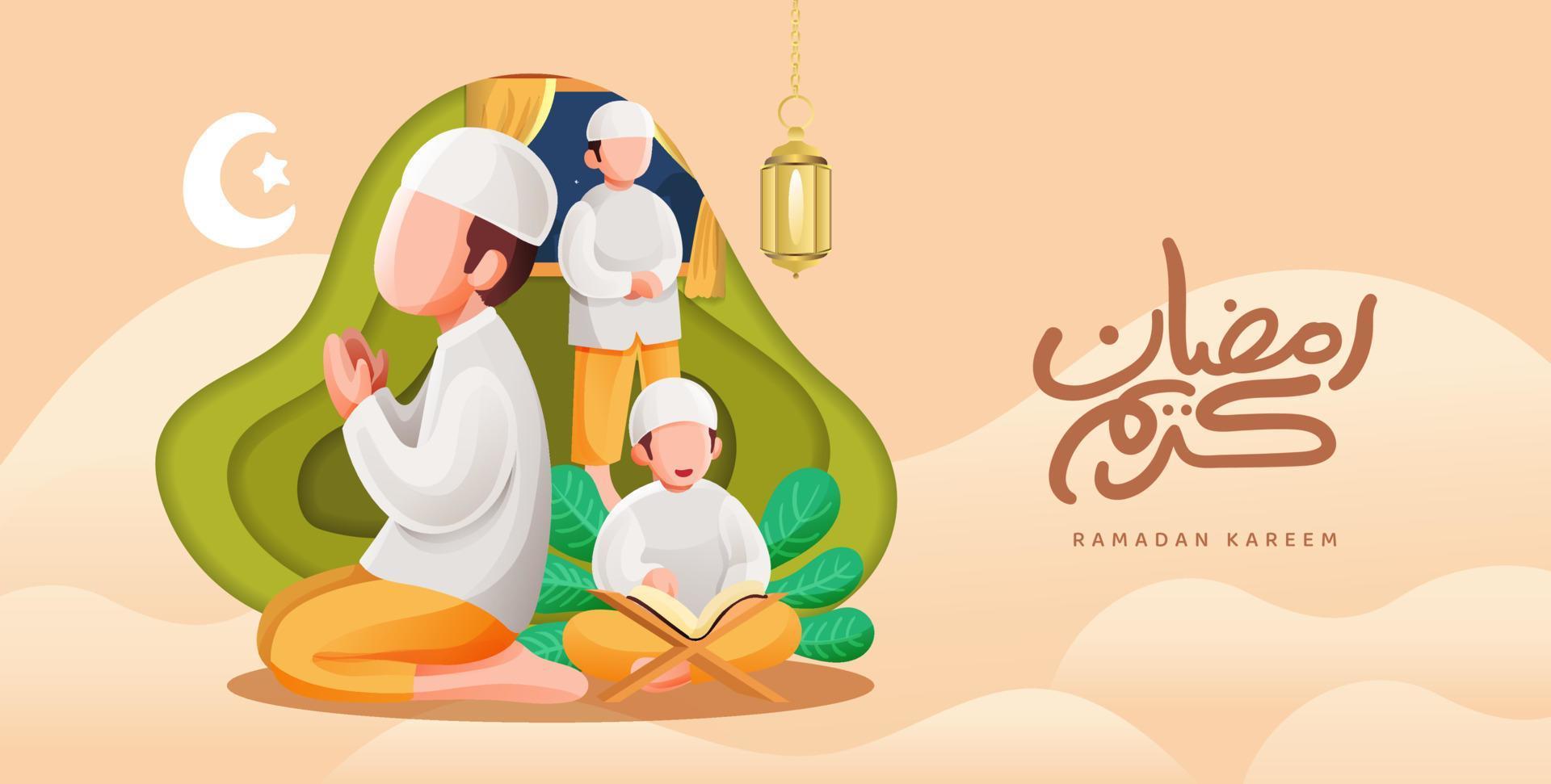 Ramadán creativo ilustración con hombre Orando y leer Corán composición vector