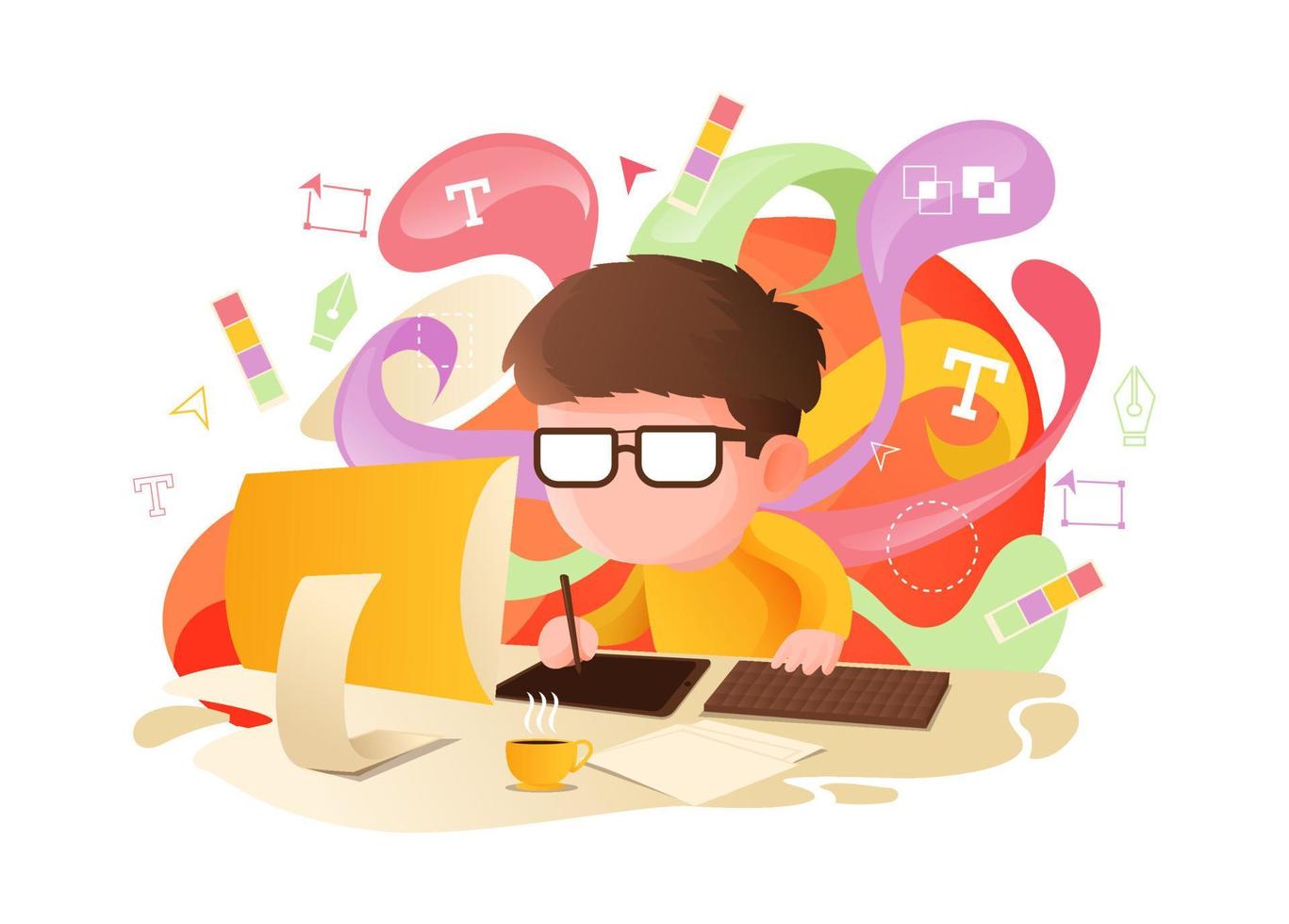 Graphic Designer Working On Desk Illustration with Colorful Creative Background vector