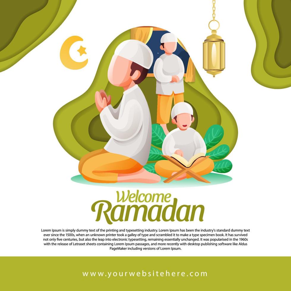 Ramadán saludo cuadrado social medios de comunicación enviar modelo con musulmán hombre Orando y leyendo Corán ilustración vector