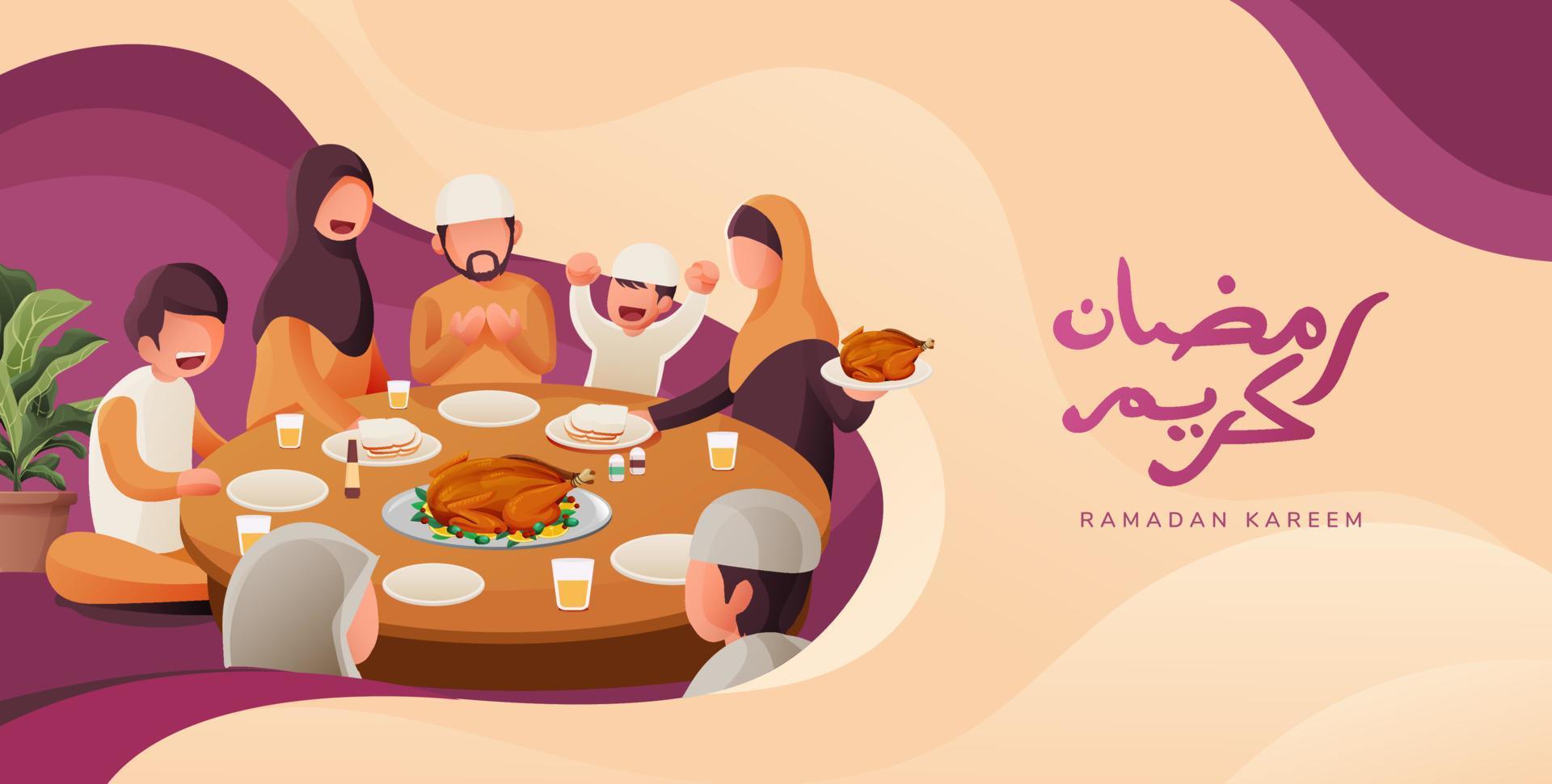 Muslim Family Eat Food Together in Ramadan Kareem Iftar Illustration vector