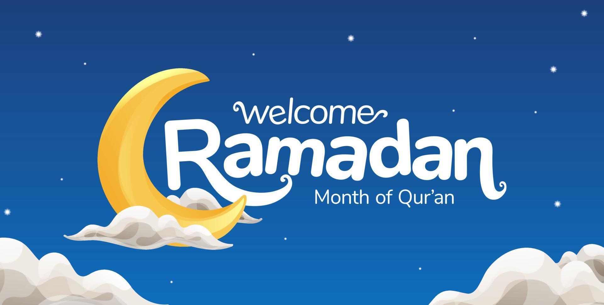 Welcome Ramadan Typography Title With Crescent Moon and Cloud On Blue Night Sky Full of Stars vector