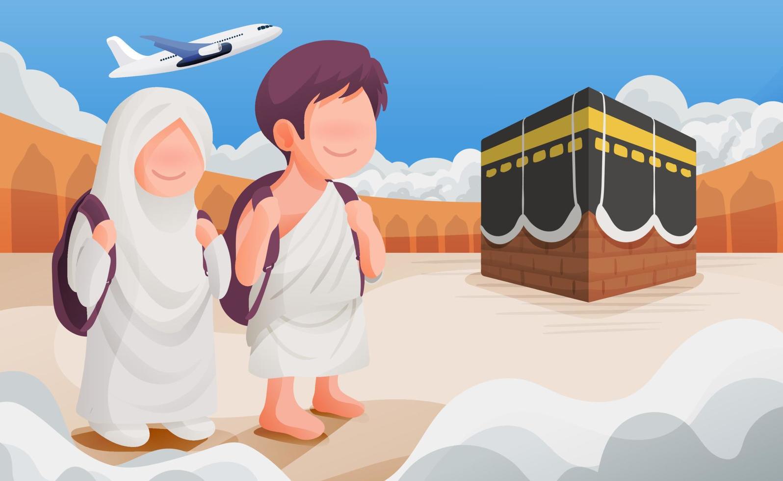 musulmán Pareja con mochila Listo a viaje islámico hajj peregrinaje vestir ihram ropa con kaaba y avión antecedentes vector