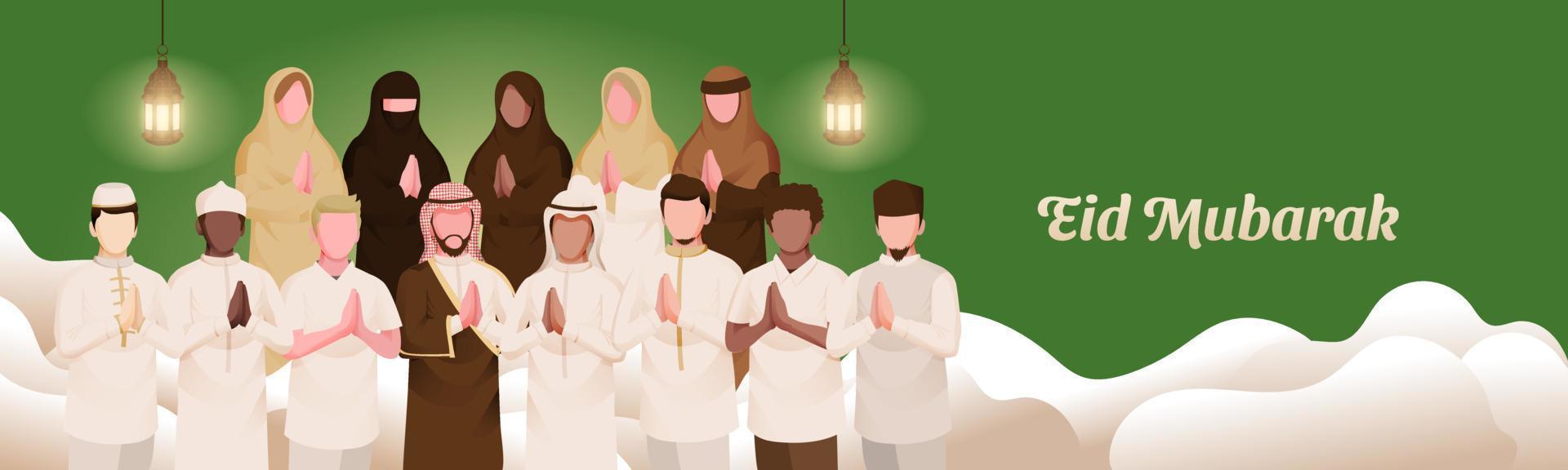 musulmán personas alrededor el mundo en eid Mubarak celebracion ilustración 1 vector