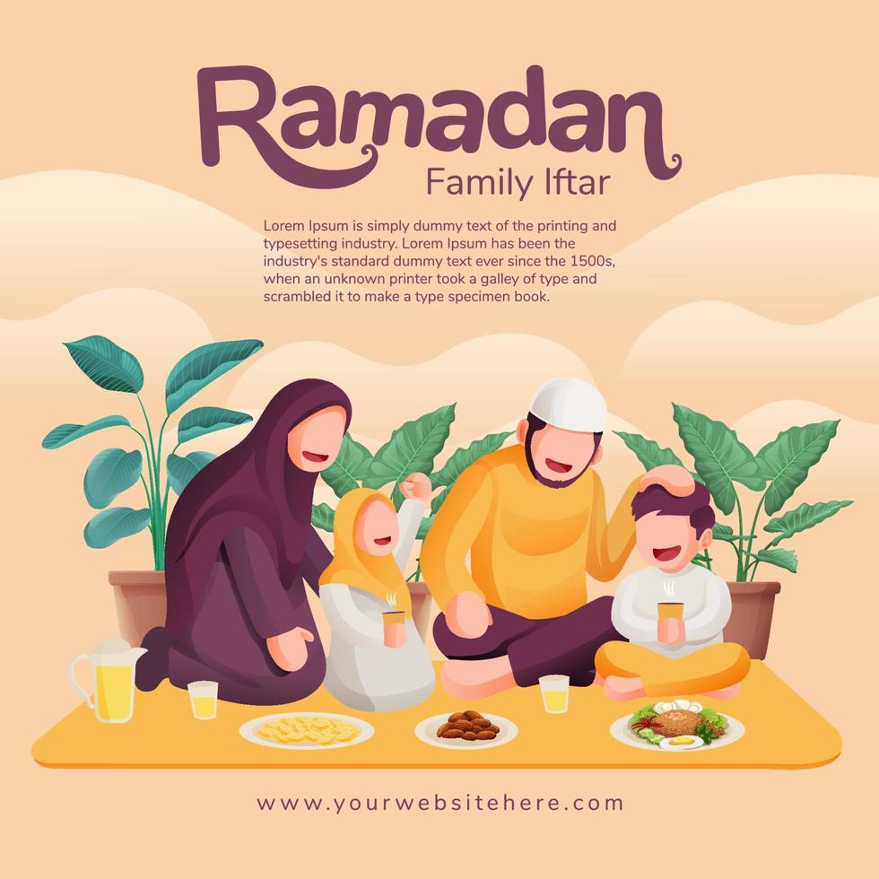 musulmán familia teniendo iftar niños contento a completar rápido y apreciado por padres en Ramadán santo mes vector