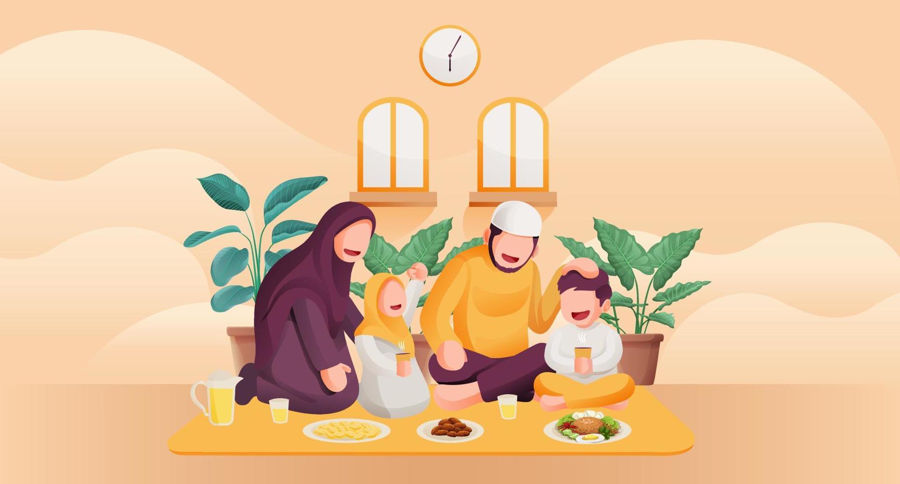 musulmán familia teniendo iftar niños contento a completar rápido y apreciado por padres en Ramadán santo mes vector