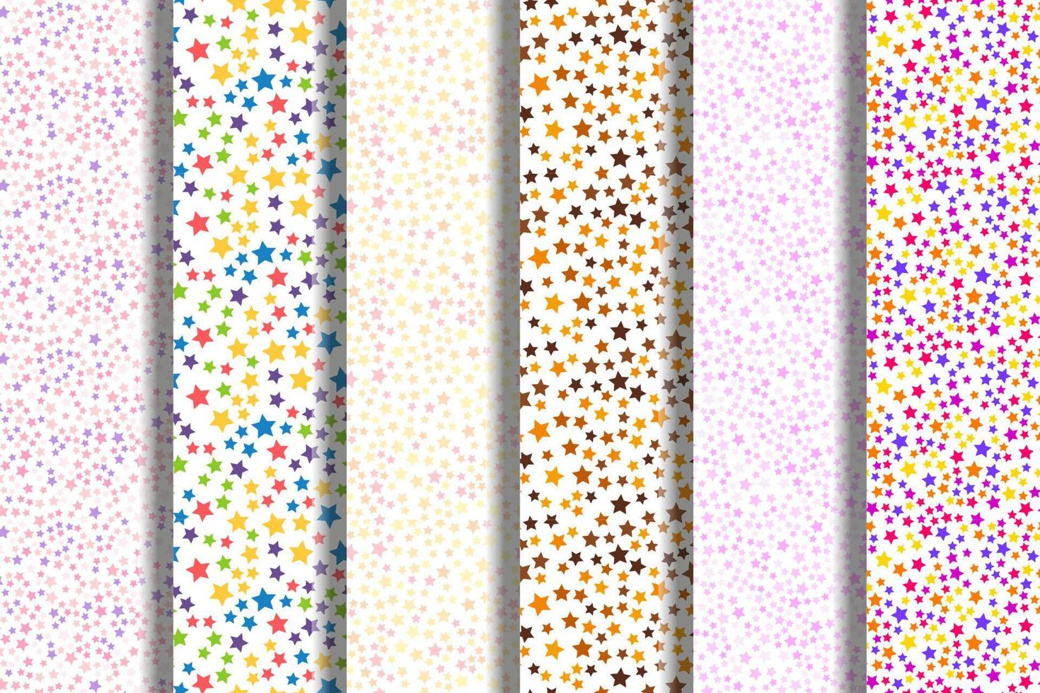 Collection of repeating seamless patterns of various multicolored stars on white background for printing on various surfaces such as postcards, placards, fabric, papers, dishes etc vector
