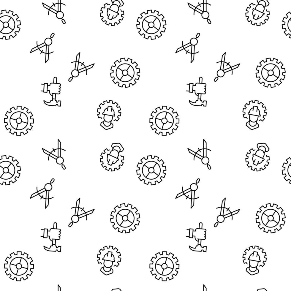 Vector seamless pattern of compass, construction worker, gear, cowheel, setting on white background. It can be used for printing on various surfaces