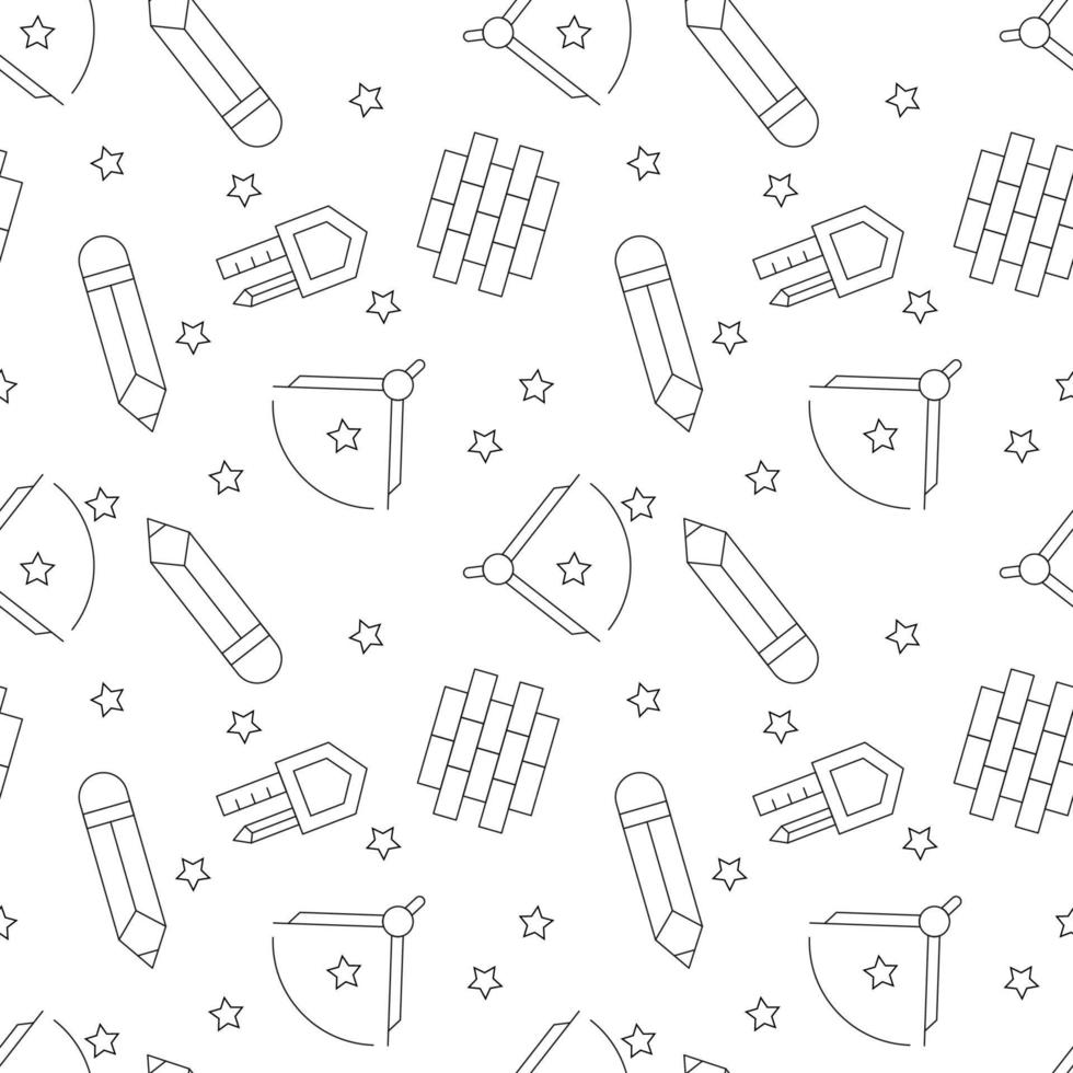 Vector seamless pattern of compass, pencil, brick wall, liner and star is made of various element