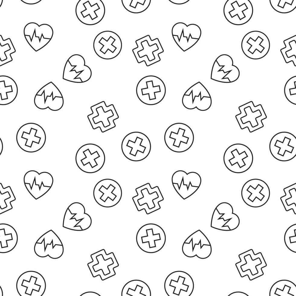 Vector seamless pattern of pulse, cardiogram, medical cross on white background. It can be used for printing on various surfaces