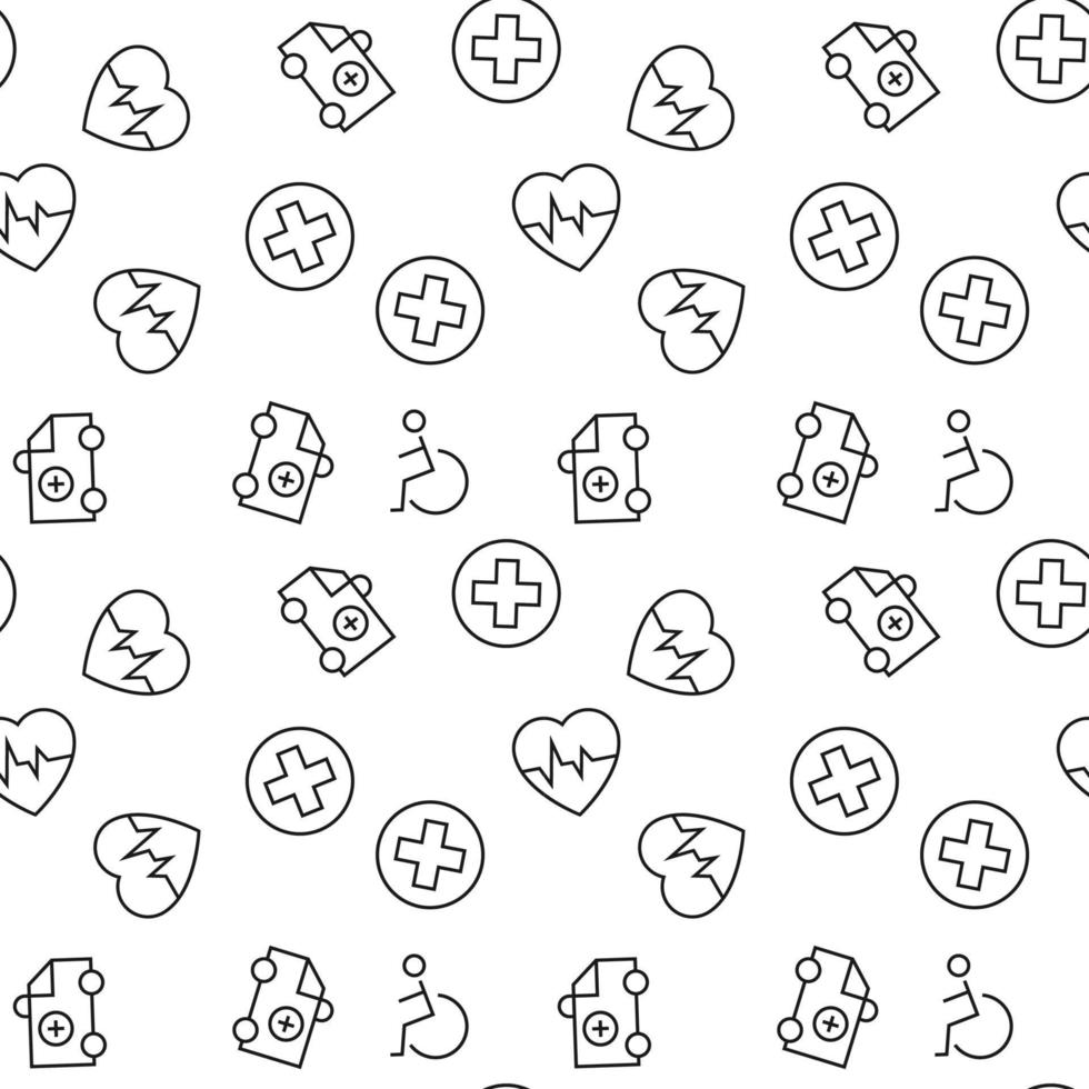 Vector seamless pattern of ambulance, wheelchair, medical cross, cardiogram on white background. It can be used for printing on various surfaces