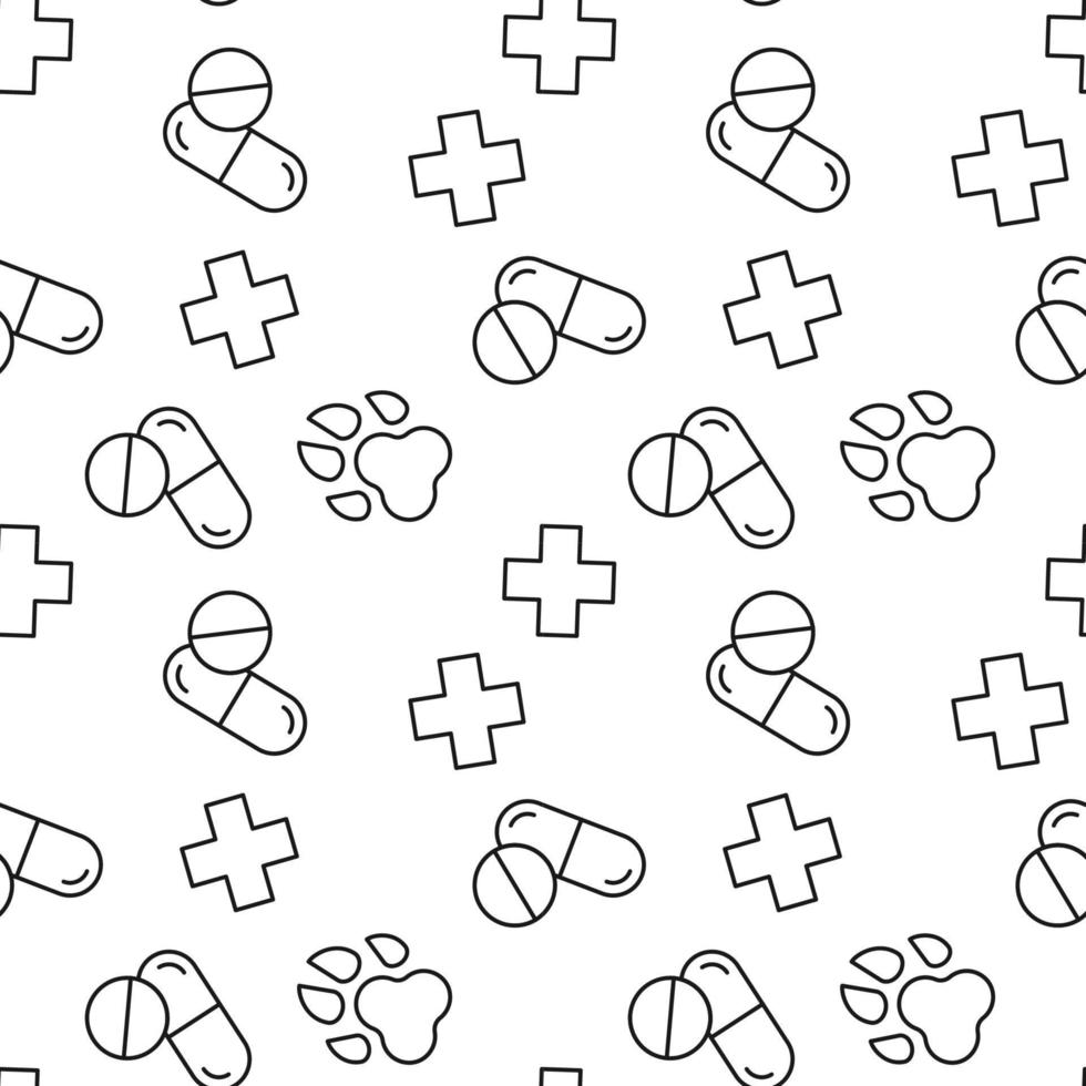 Seamless pattern of pills, paw, medical cross. Suitable for shops, web sites and applications, media, backgrounds vector