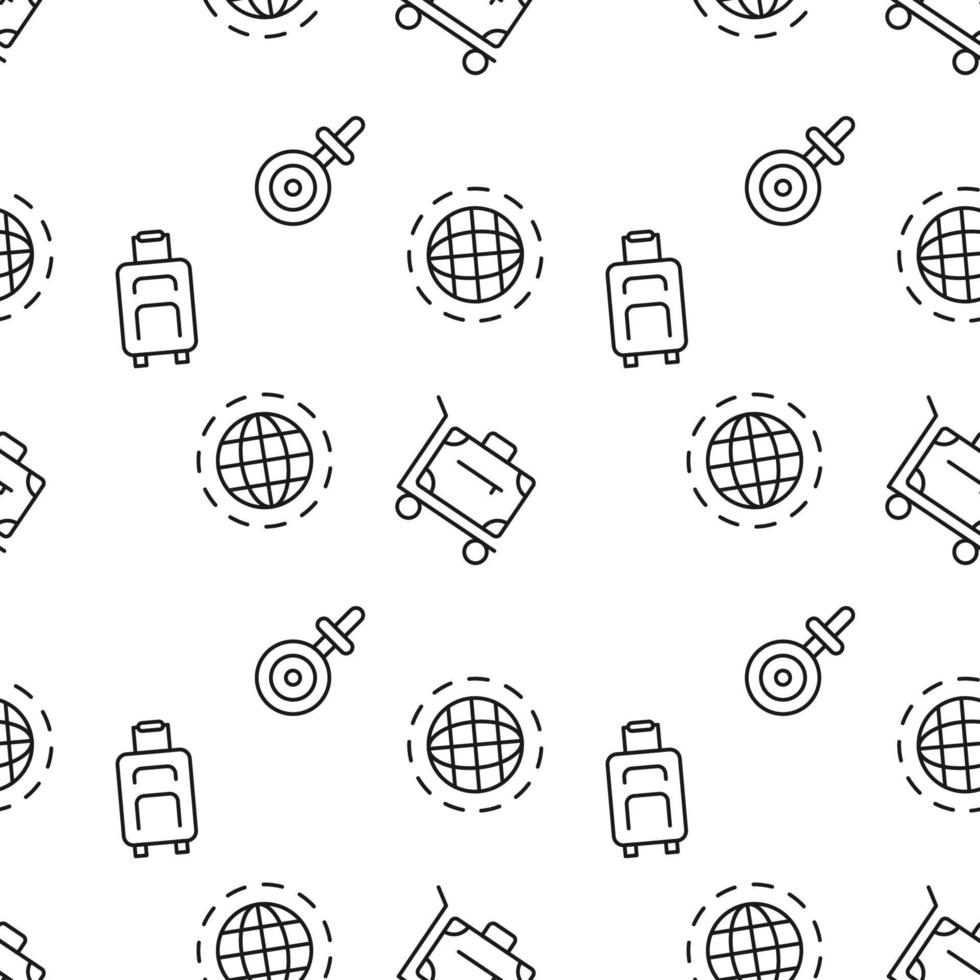 Seamless repeating monochrome pattern of chassis, world, suitcase, luggage, baggage. Perfect for web sites, apps, shops, backgrounds, wallpapers vector