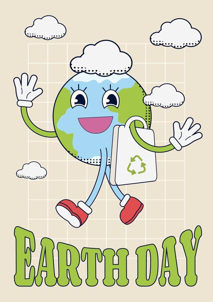 Retro Earth globe character with recycling cloth bag. Environment friendly concept illustration in 70s style. Retro mascot in gloves, carrying the bag and waving. vector