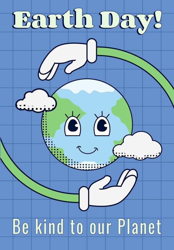 Retro Earth globe character with protective hands around. Environment friendly concept illustration in 70s style with sun, moon and clouds. Retro mascot in gloves. vector