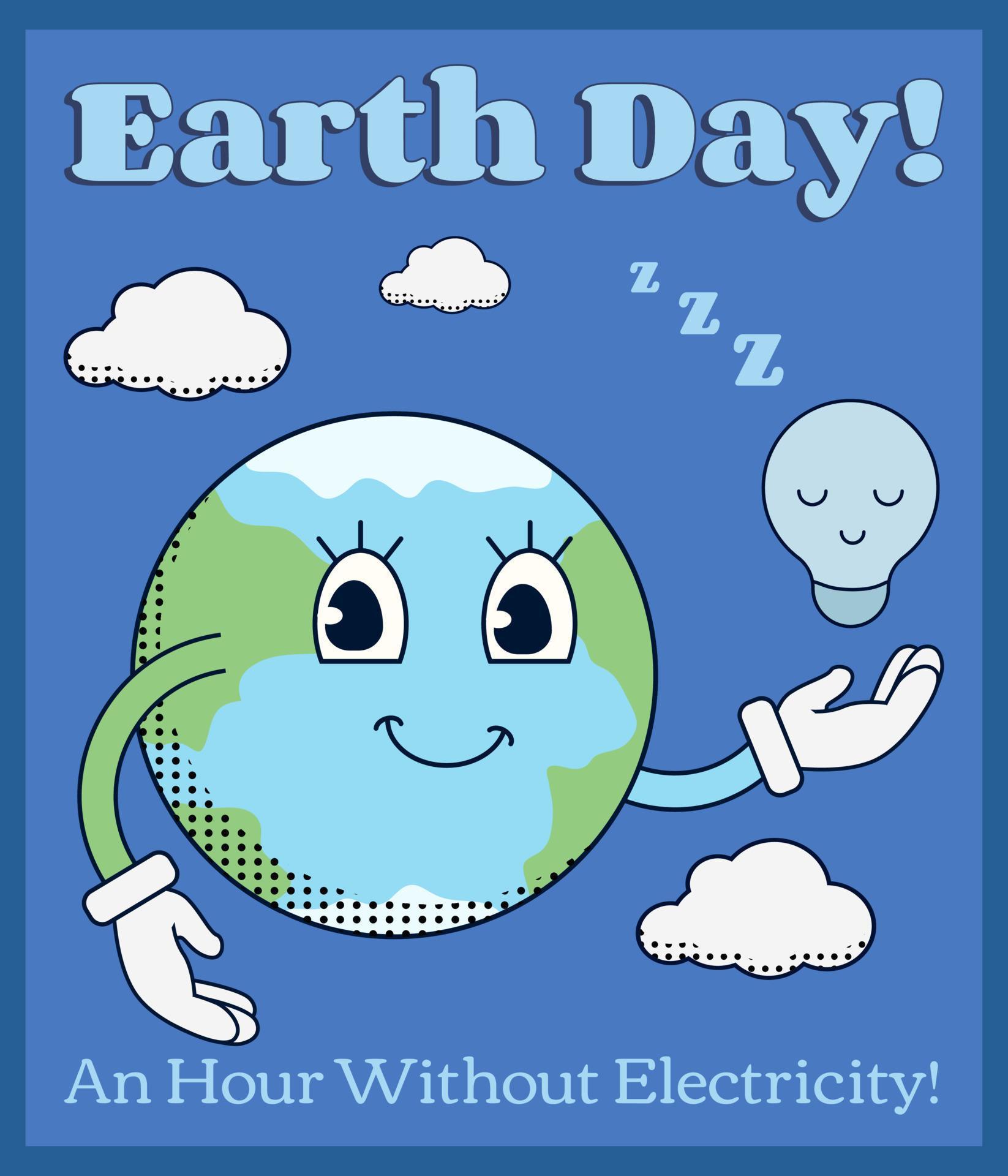 Retro Earth globe character with sleeping electricity lamp. Environment