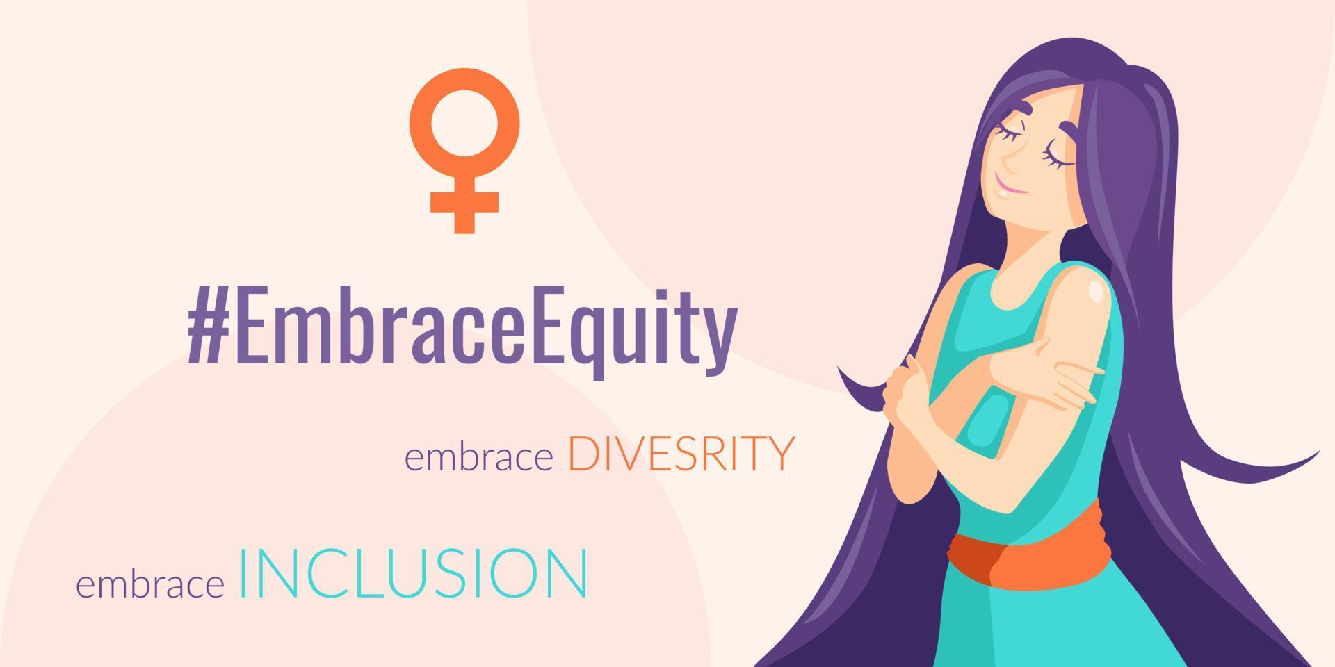 EmbraceEquity movement banner, greeting with International Women's Day with a woman hugging herself, vector template, banner of social movement.