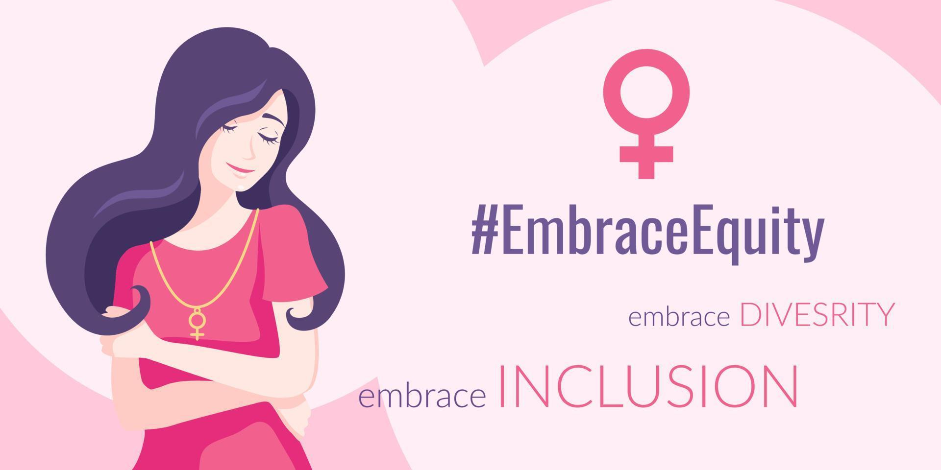 EmbraceEquity movement banner, greeting with International Women's Day with a woman in a red dress hugging herself, vector template, banner of social movement.