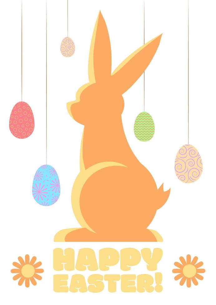 Easter holiday greeting with orange rabbit silhouette with hanging decorated traditional eggs, Christianity traditional Holiday invitation, poster, celebration card. vector