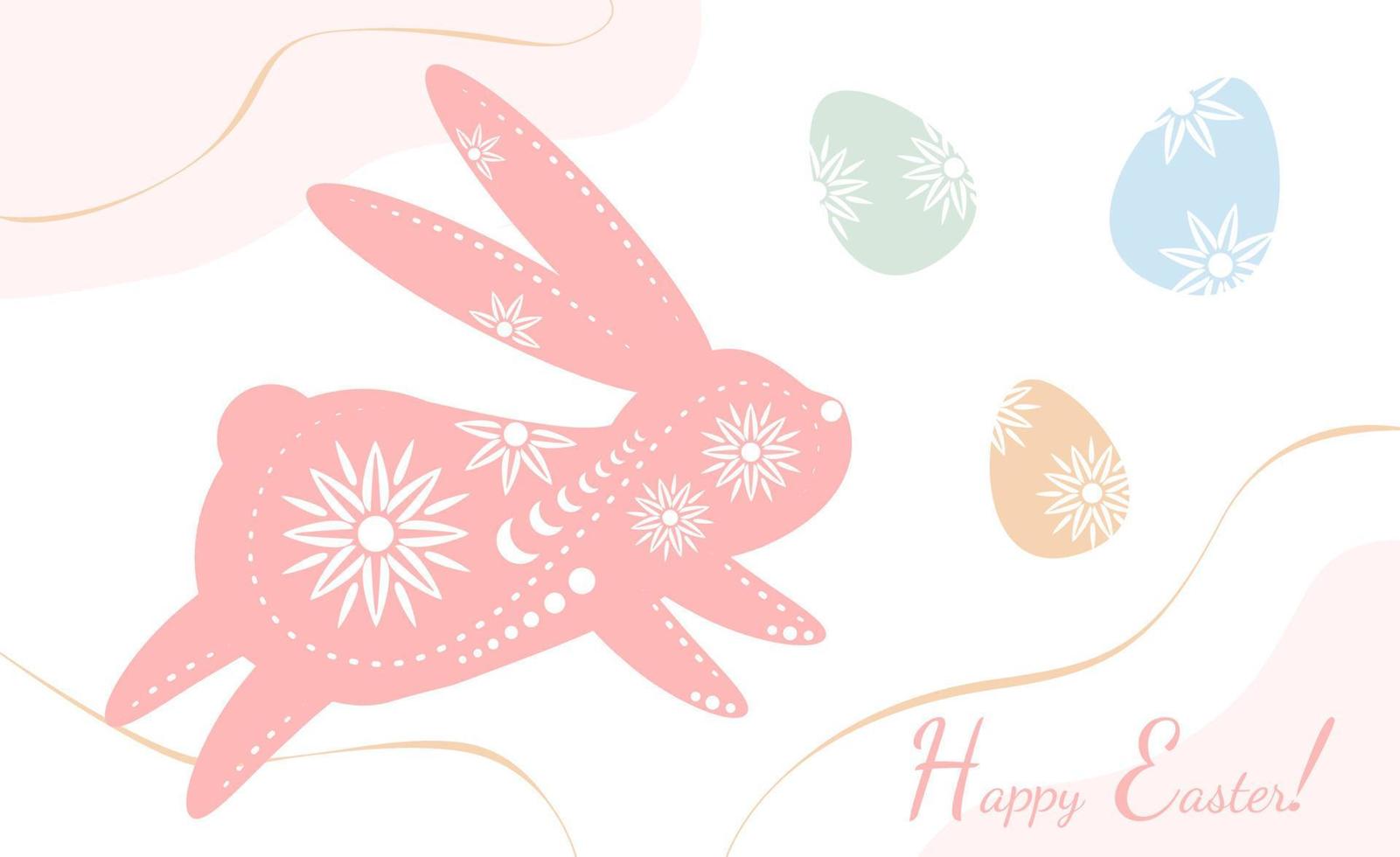 Easter holiday greeting with decorated rabbit silhouette with decorated traditional colored eggs, Christianity traditional Holiday invitation, poster, celebration card. vector