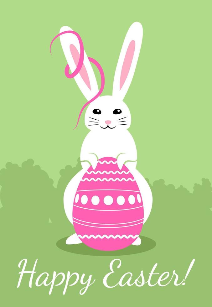 Easter holiday greeting with white rabbit holding red decorated traditional egg, Christianity traditional Holiday invitation. vector