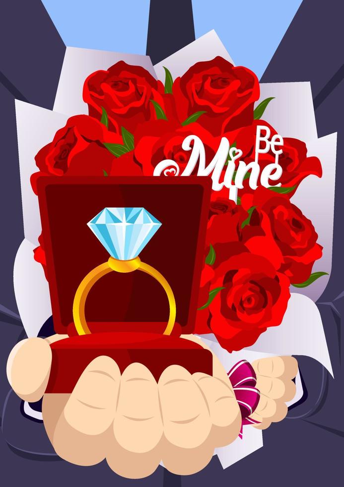 hombre en traje proponer con diamante anillo y traer Rosa ramo de flores romántico enamorado dulce momento vector
