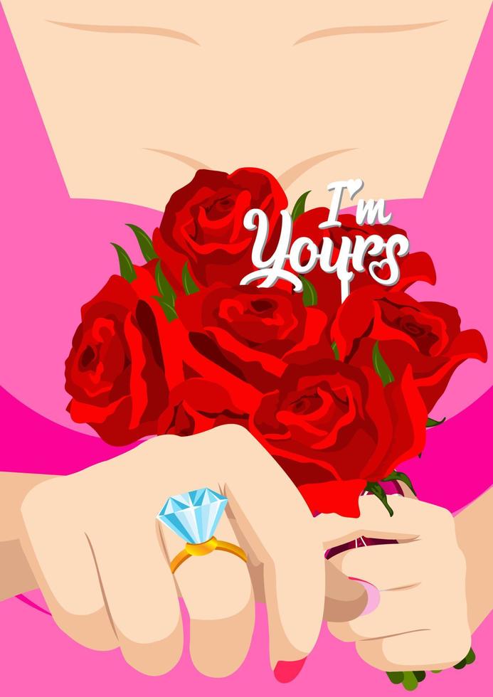 i'm yours, lady accept engagement ring with red rose bouquet romantic proposal valentine sweet event vector