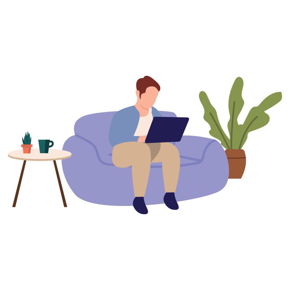 man playing laptop on sofa chair. vector illustration