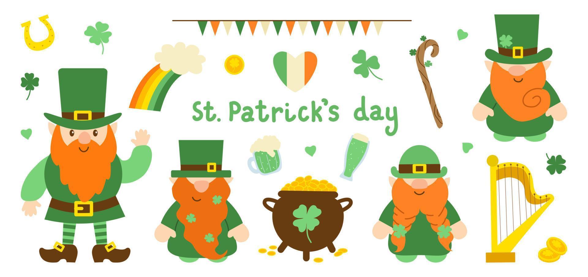 Set symbols of St. Patricks Day. Flat vector elements of leprechauns, clover, stick, rainbow, pot gold coins, green beer, horseshoe, harp.
