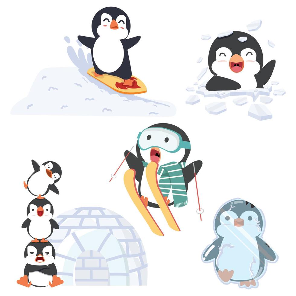 linda pingüino actividad en invierno conjunto vector