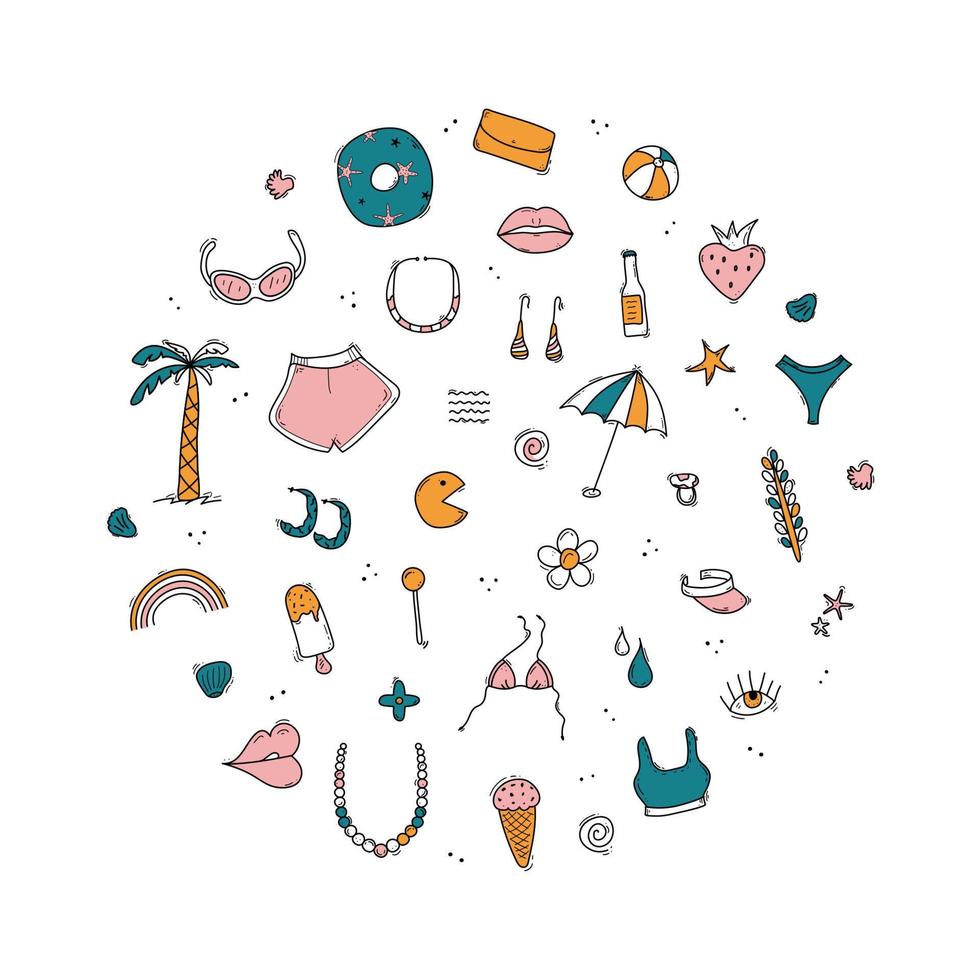 Doodle set of travel summer vacation elements, bikini, shorts, lips, palm, lollipop, umbrella, ball, glasses, ice-cream, shells, sea star. Travel elements combined into a circle shape. vector