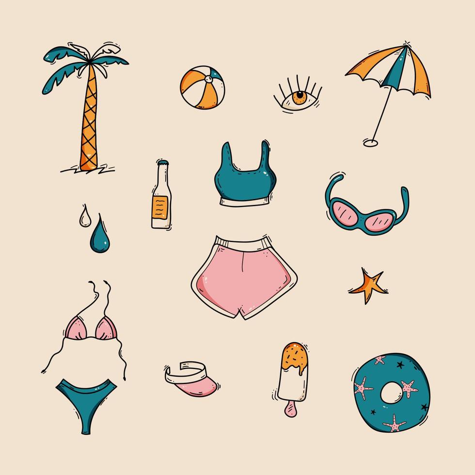 Doodle set of color travel stickers. Collection of cute hand drawn groovy vintage icons. Umbrella, palm, bikini, tank top, shorts, ice cream, cap, bottle, water, inflatable circle vector