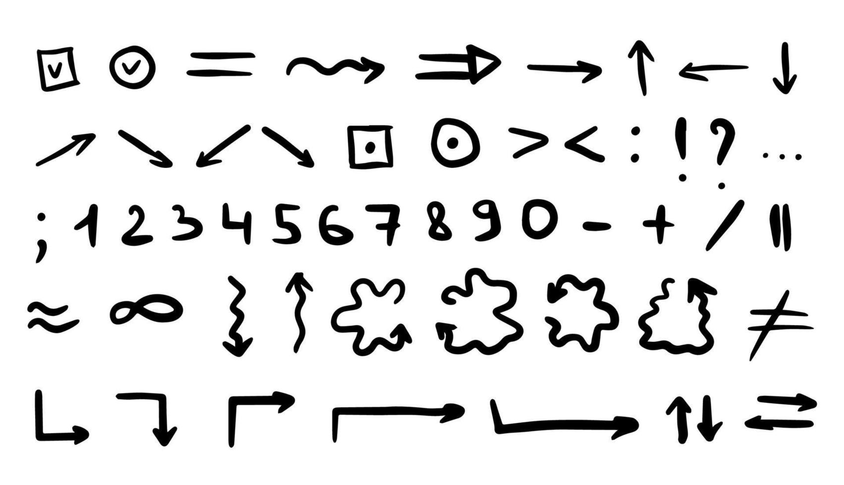 Sketch underline, numbers, symbols, arrow shape set. Hand drawn check mark, brush stroke, highlight, underline, punctuation marks, element. Vector illustration.