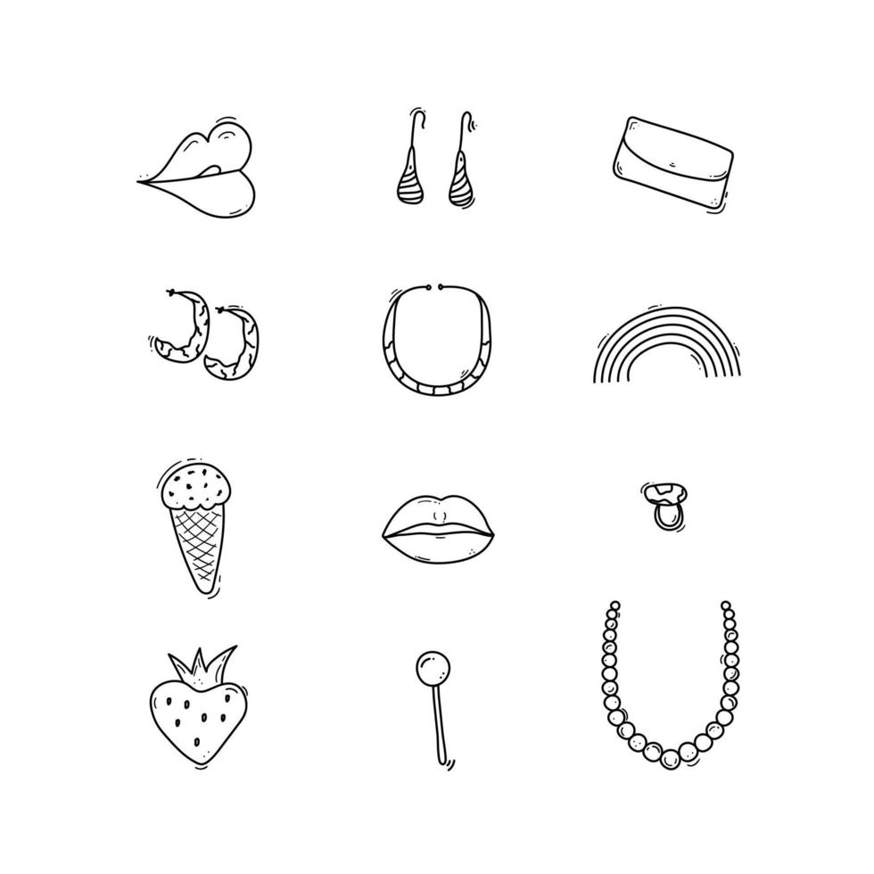 Doodle woman accessories set, lips, earrings, cosmetic bag, lollipop, ring, necklace, ice cream, strawberry, rainbow. Hand drawn sketch style. Female hand drawn elements vector