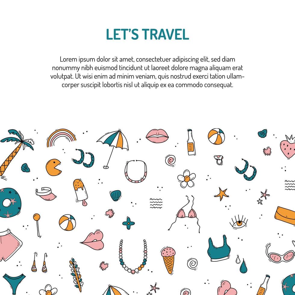 garabatear conjunto de viaje verano vacaciones elemento, chupete, paraguas, pelota, anteojos, helado, conchas, mar estrella. diseño viaje modelo formar con sitio para tu texto información. vector