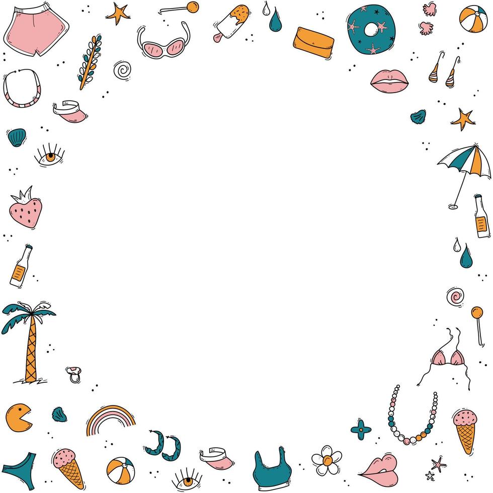 Doodle set of travel summer vacation elements, bikini, shorts, lips, palm, lollipop, umbrella, ball, glasses, ice-cream, shells, sea star,hand drawn sketch,travel elements combined into a circle shape vector