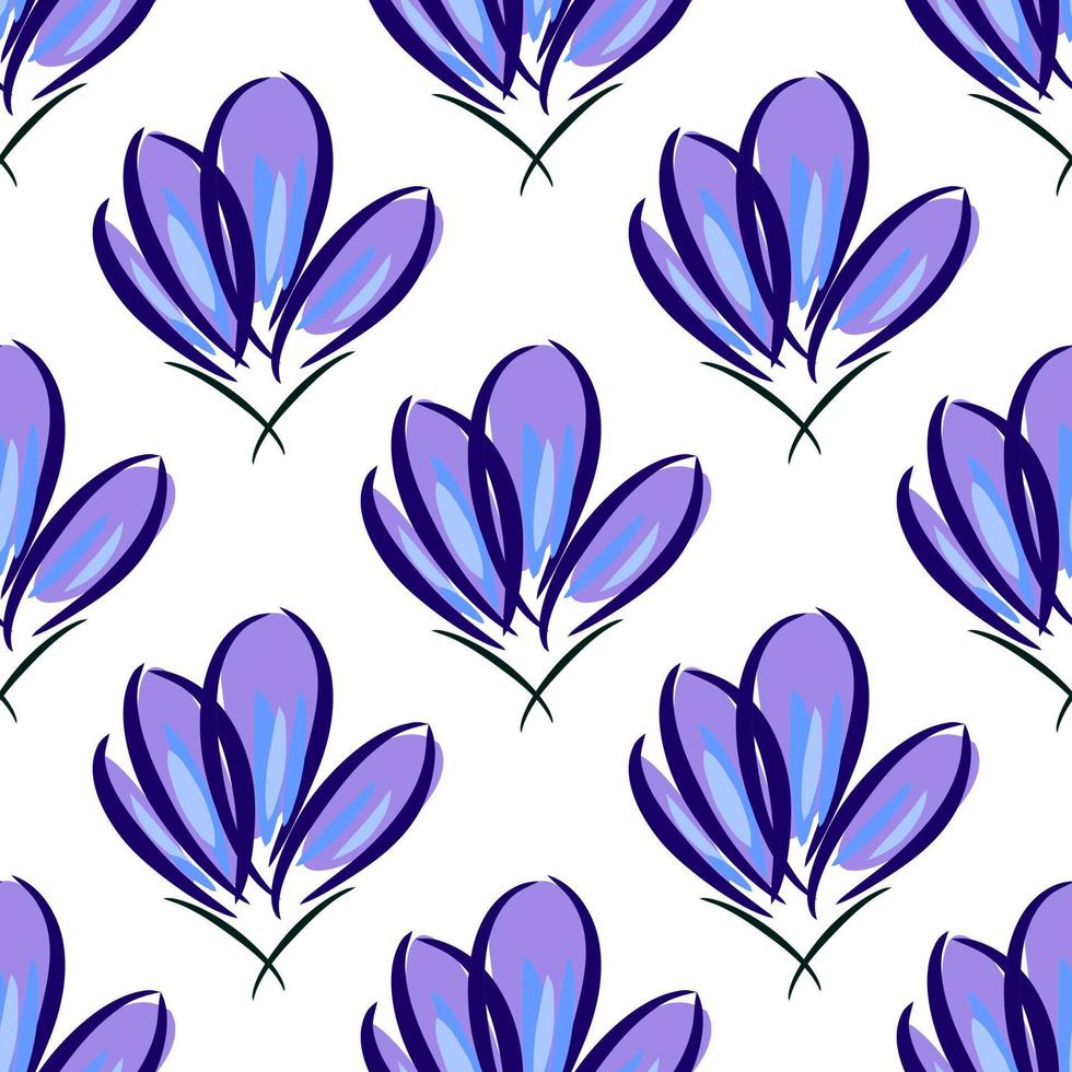 Crocus seamless background. Shafran flower ornament. Flora is blooming spring. Beautiful spring flower textiles. Plant element wallpaper. vector