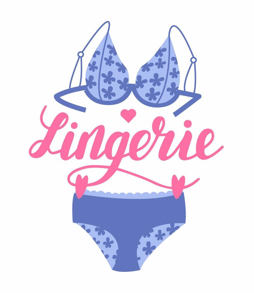 Lingerie, gorgeous lettering written with elegant calligraphic font or script and decorated underwear set. vector