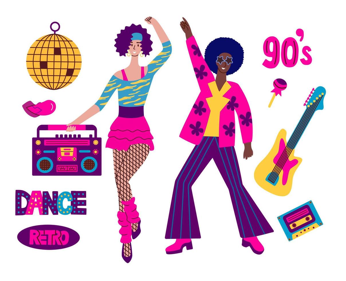 Guy and girl dressed in the style of the 90's dancing at a disco. Back to the nineties. vector