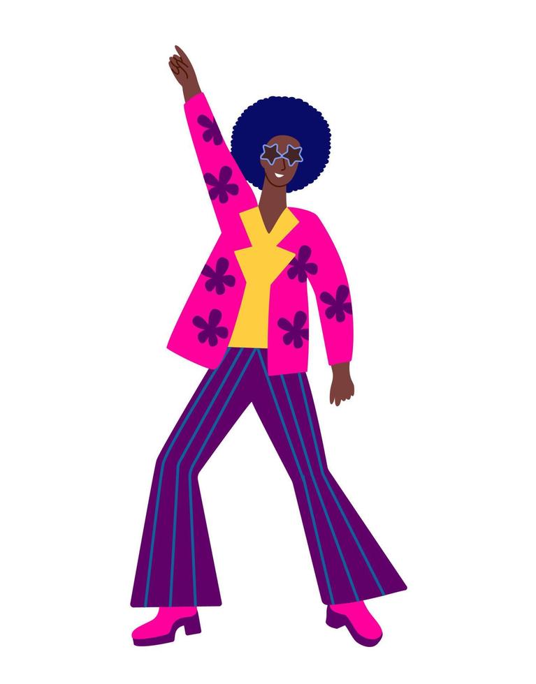 A man dressed in the style of the 90's dancing at a disco. Back to the nineties. vector