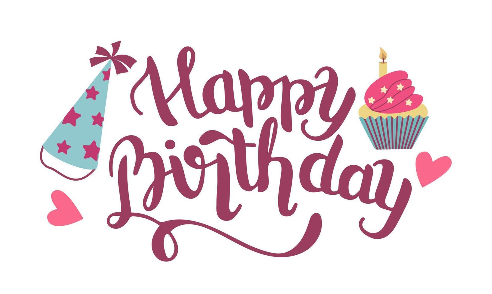 Happy Birthday, gorgeous lettering written with elegant calligraphic font or script and decorated with cupcake, cap. vector