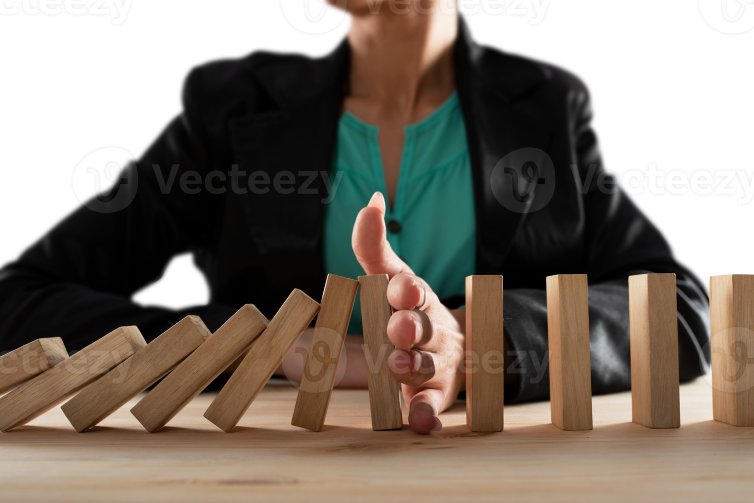 businesswoman stops with hand the falling chain like a domino game png
