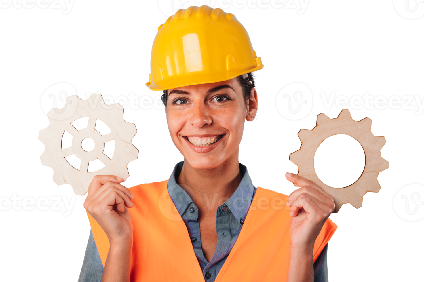 woman with helmet join pieces of gears as concept of partnership and integration png