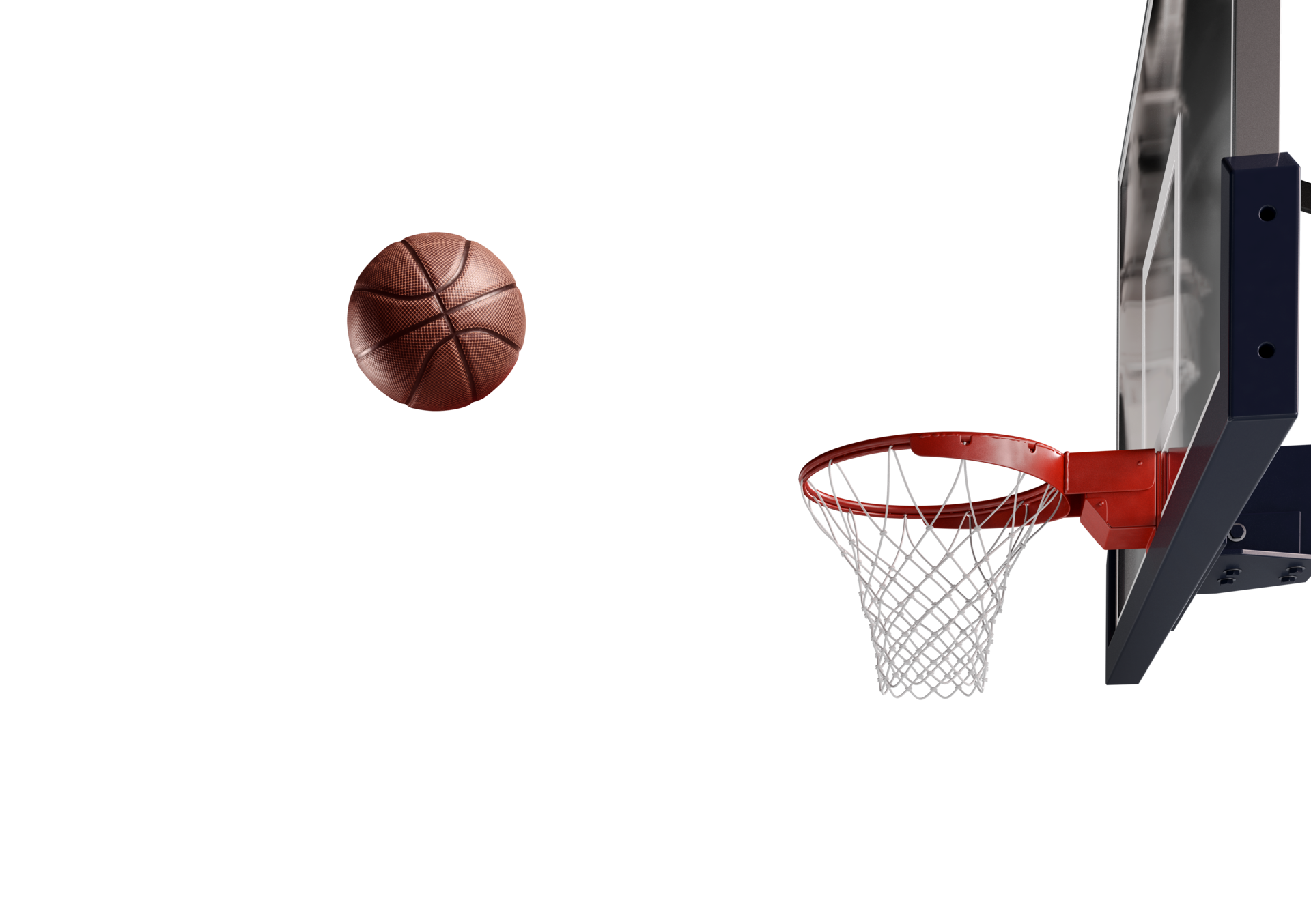 Basketball scene of a orange ball that is entering the basket. 3d