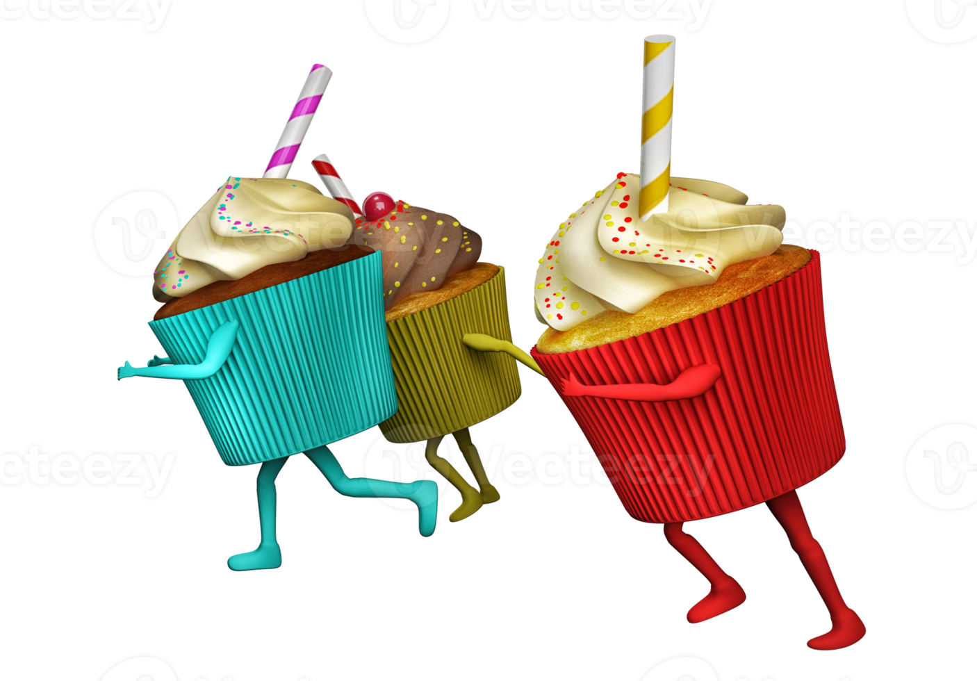 Fat cupcake with cream and candies run with legs and arms. 3d rendering png