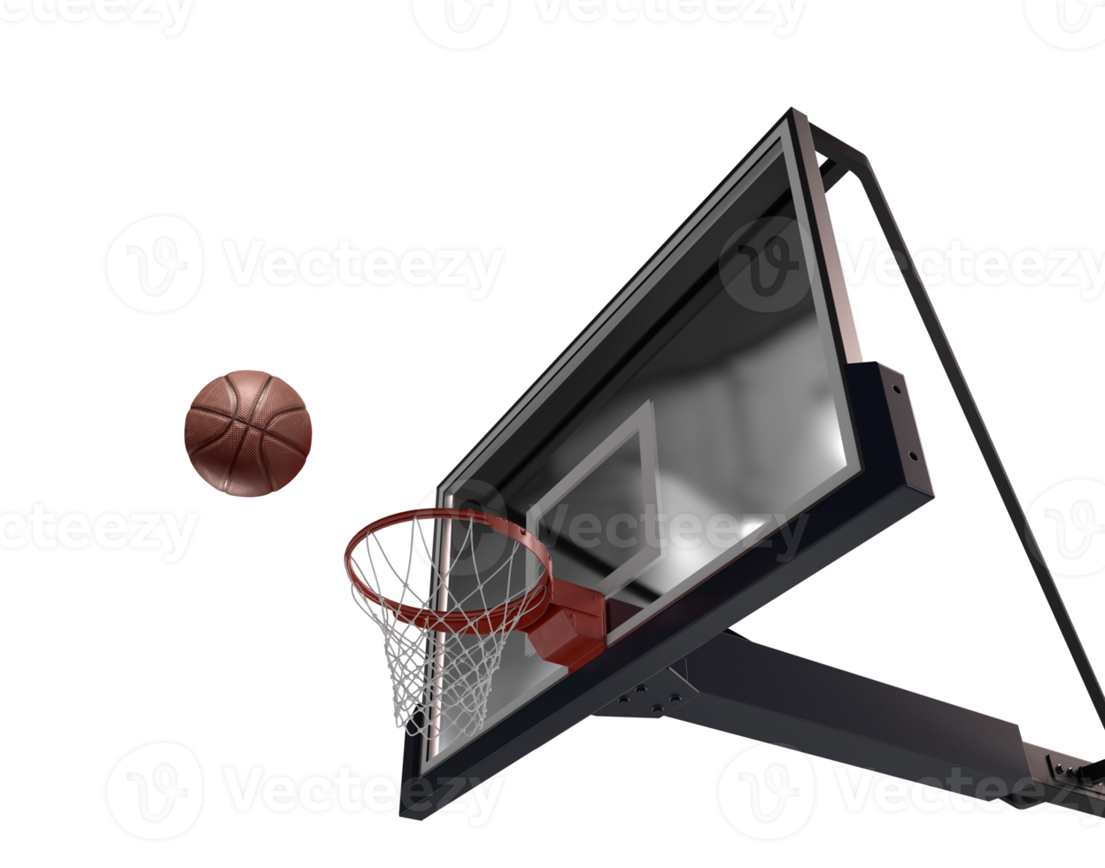 Basketball scene of a orange ball that is entering the basket. 3d rendering png