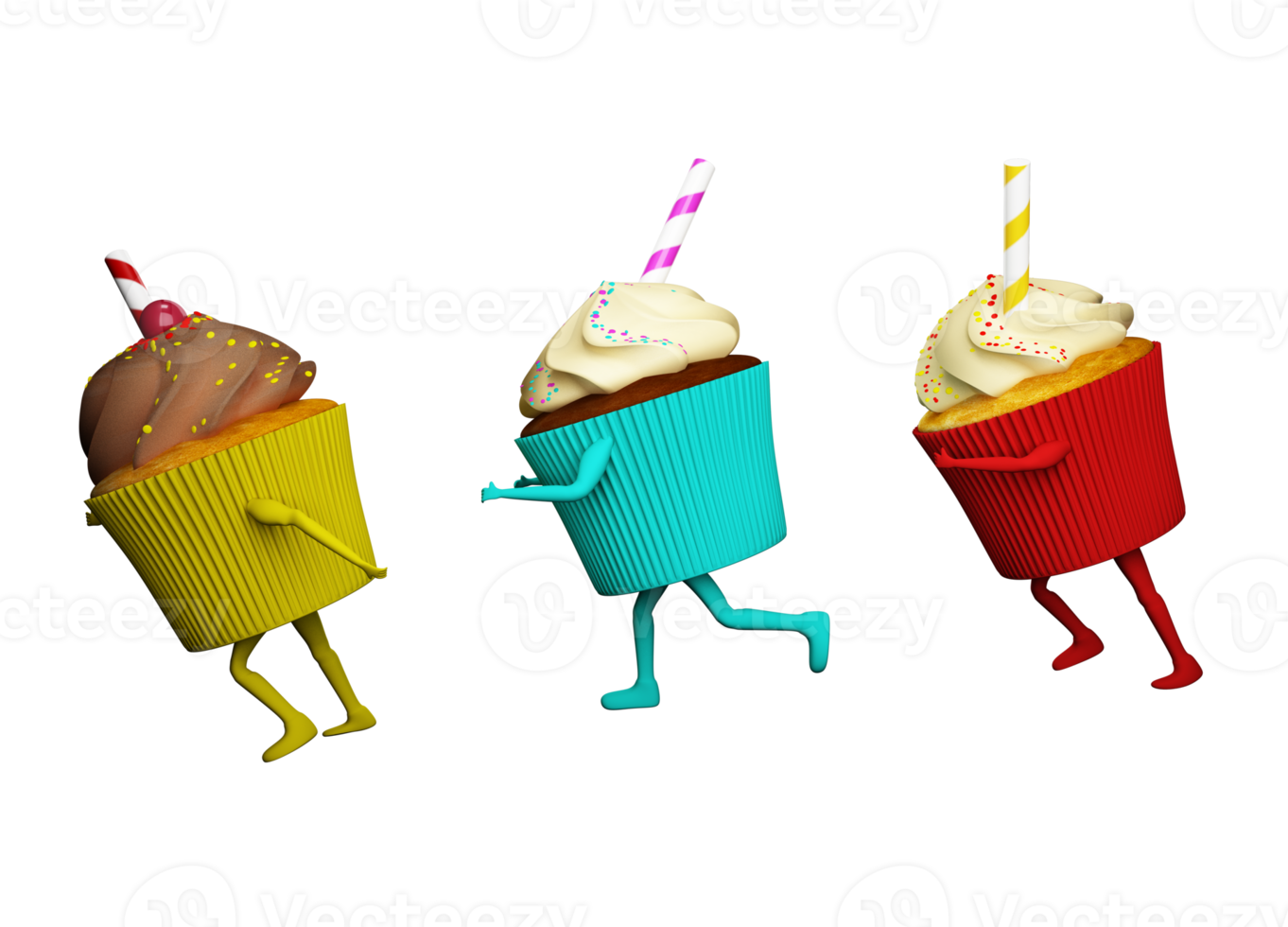 Fat cupcake with cream and candies run with legs and arms. 3d rendering png