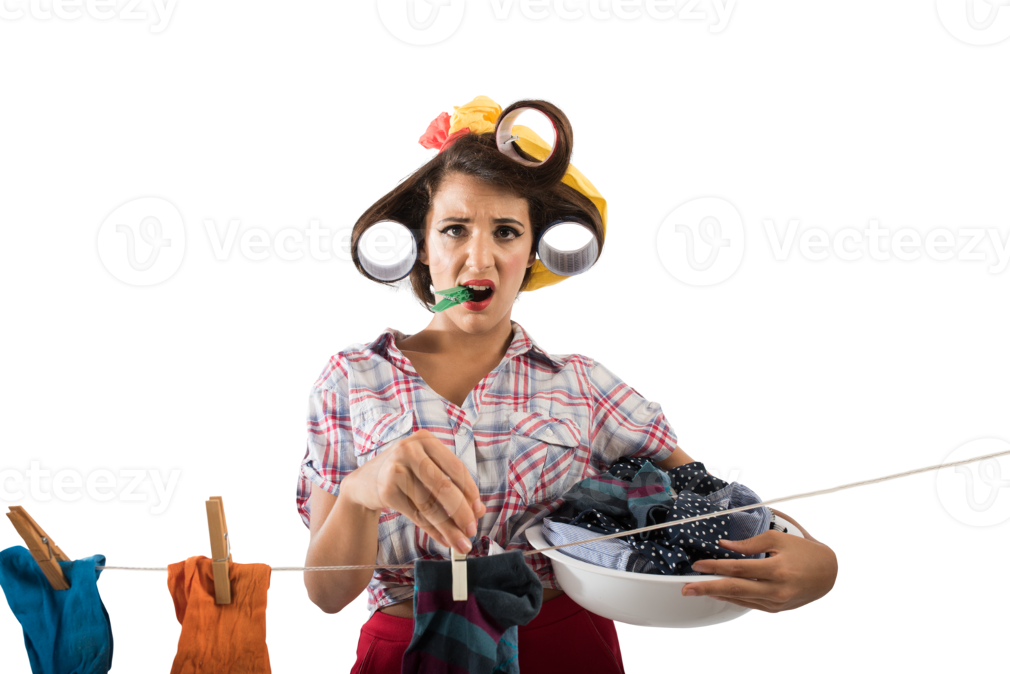 vrouw retro huishoudster hangende kleren omhoog naar droog png