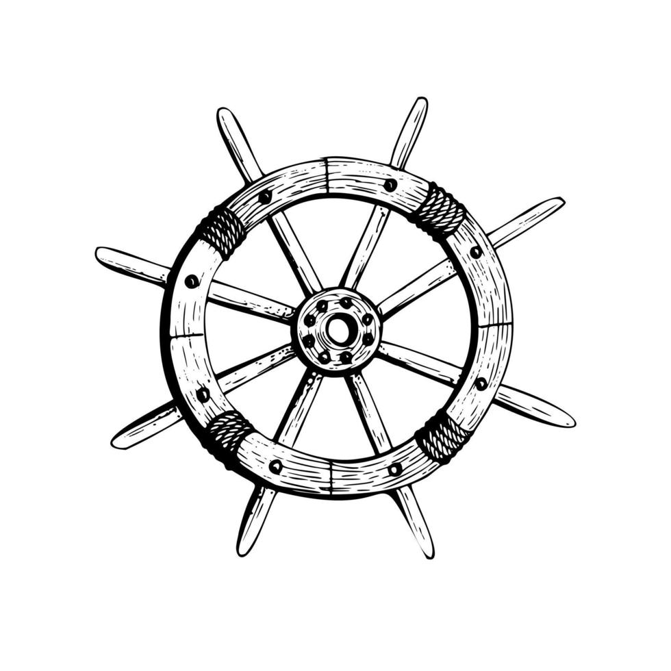 Wooden steering wheel from the ship. Isolated object drawn by hand in graphic technique. Vector illustration for summer, nautical and beach decoration and design.